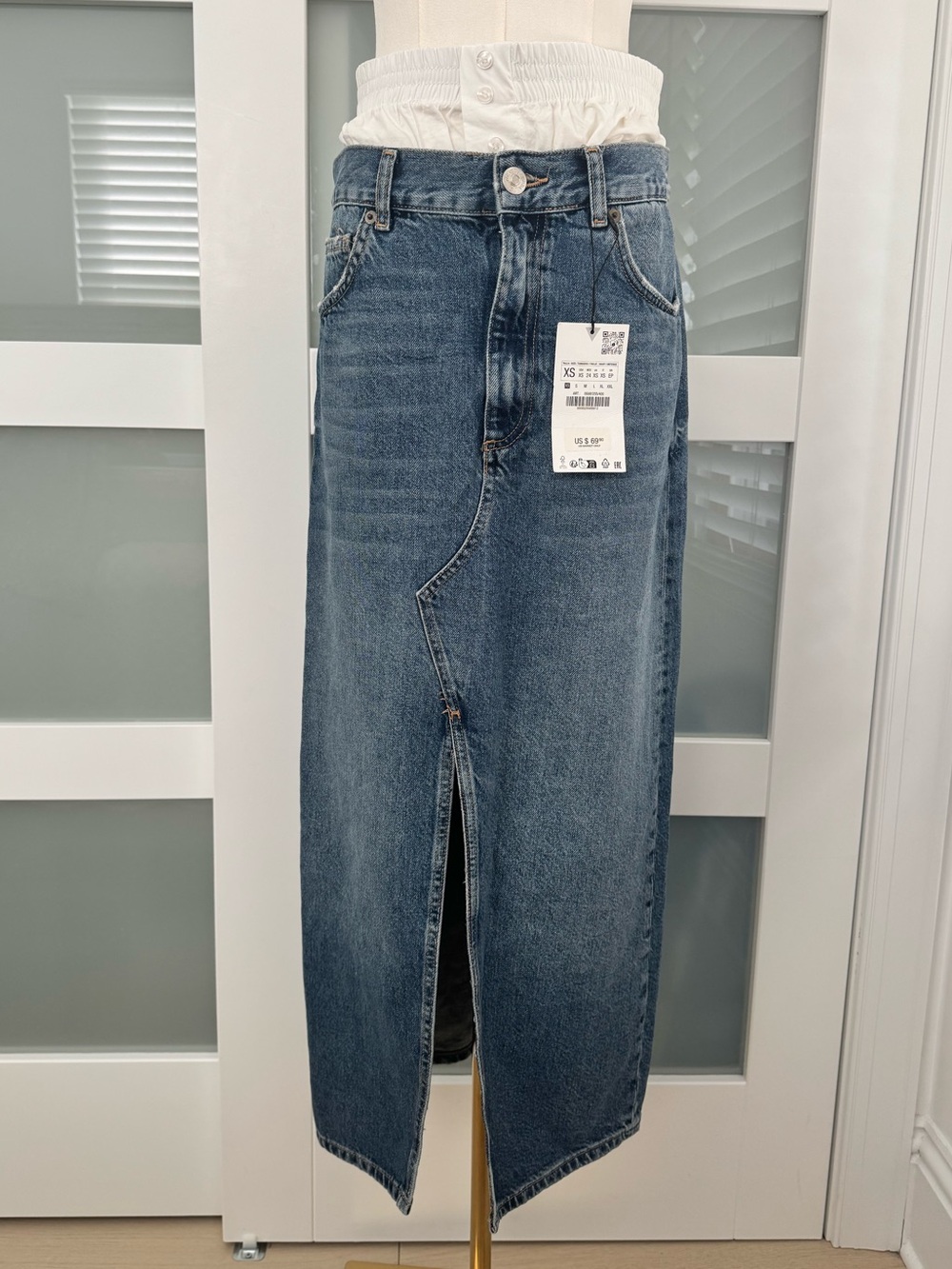 NWT🔖Zara Denim Maxi Skirt White Boxer Waistband Front Slit XS - Picture 2 of 11